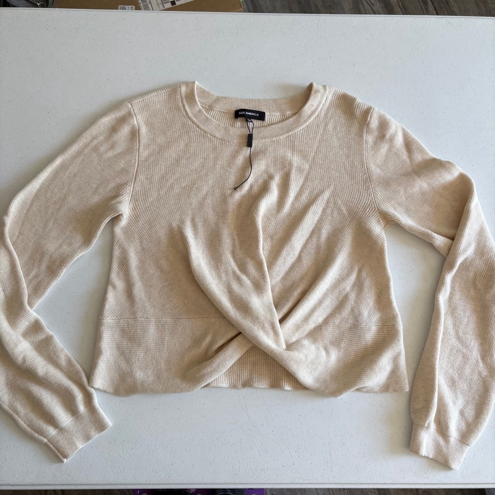 NWOT 525 America ribbed twist front Sweater, Size S, Beige cream oatmeal